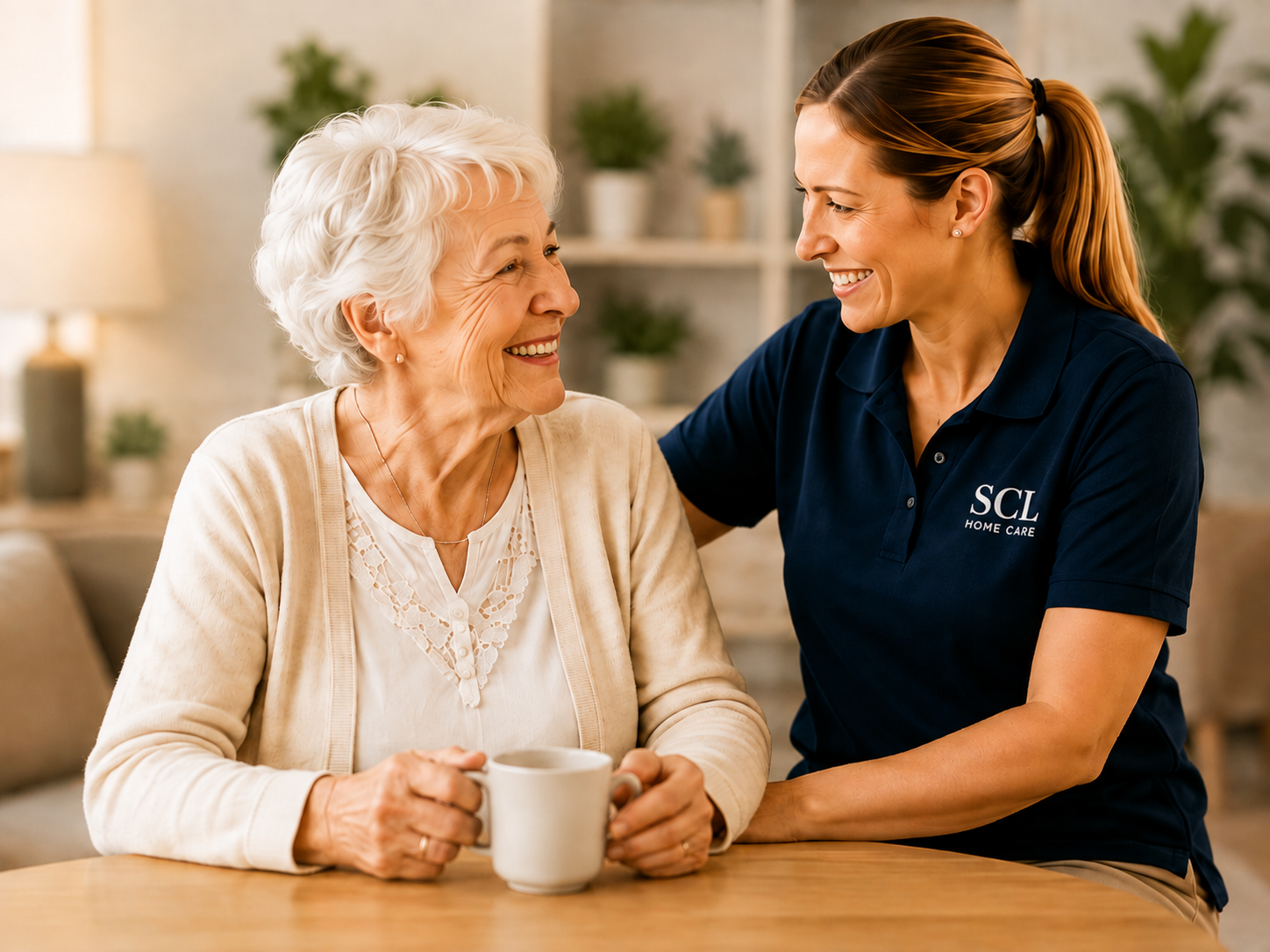 An SCL Home Care support worker with an older woman at home